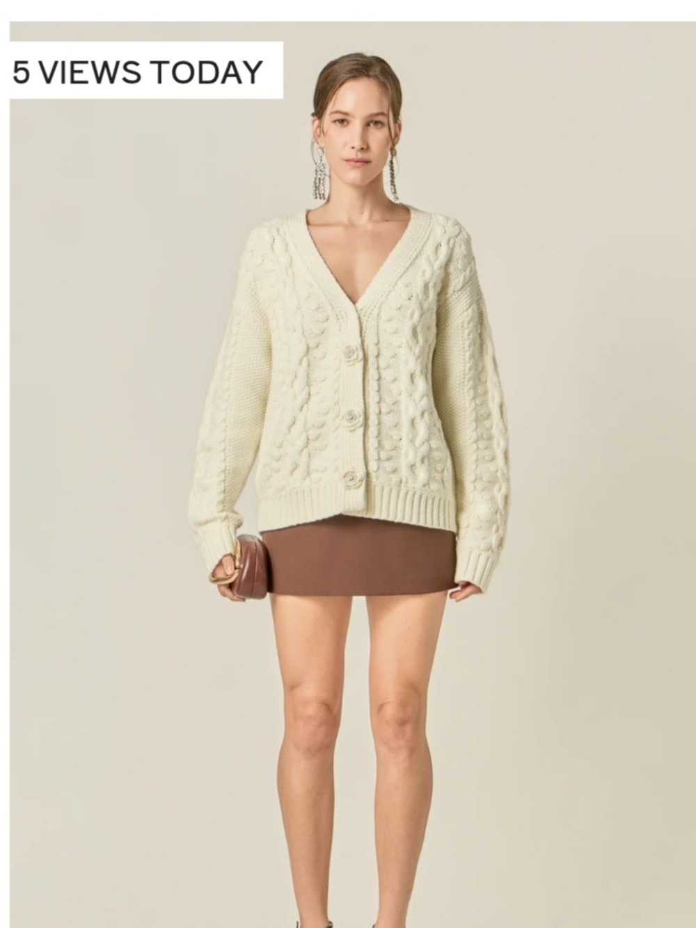 English Factory Cream Cable-Knit V-Neck Button Cardigan With Flower Detail